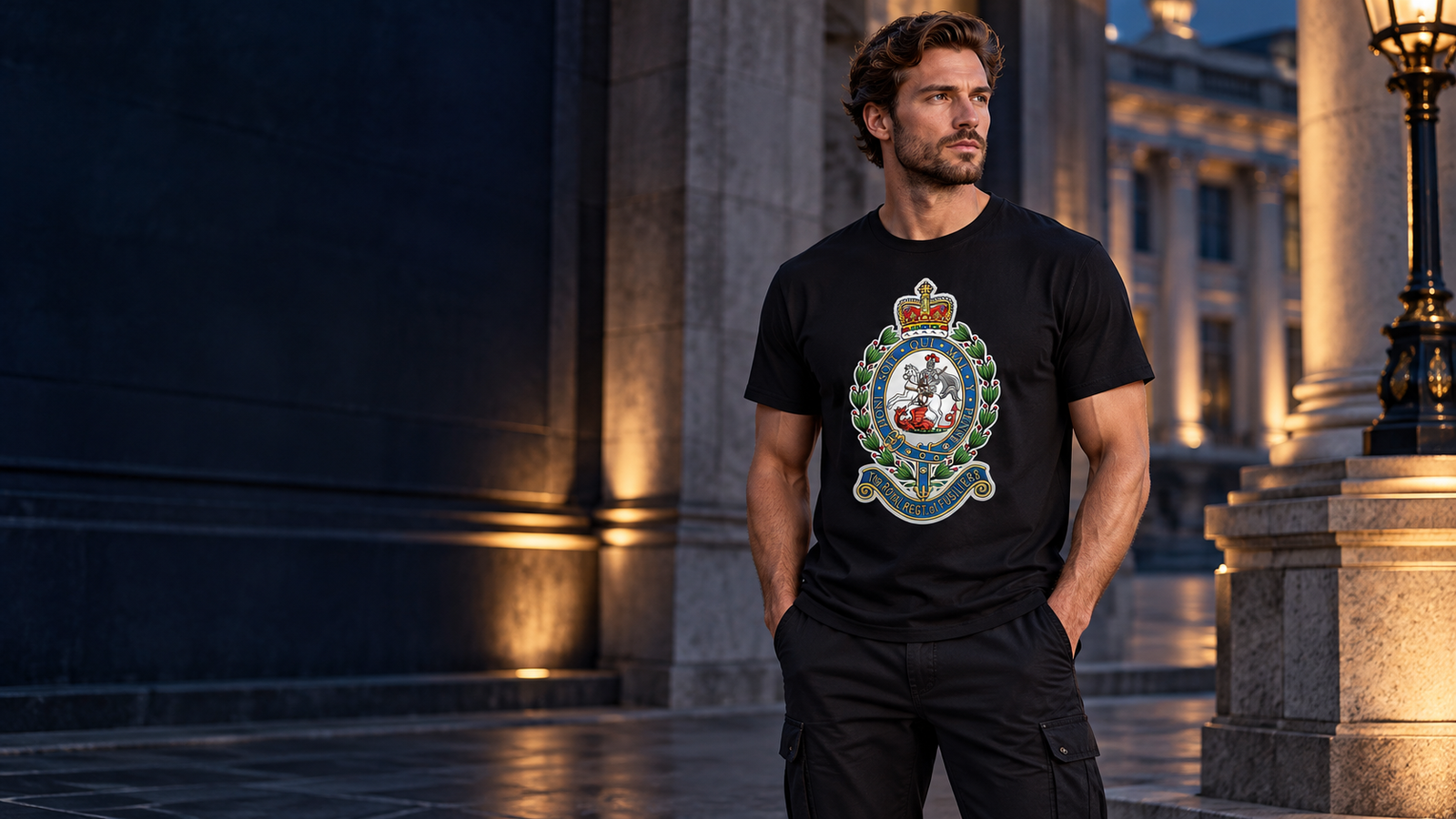 Model wearing Royal Regiment of Fusiliers Crest T-Shirt Men’s Black Military Badge Design
